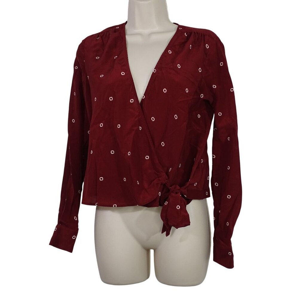J Crew Burgundy Red Wrap Printed Silk Blouse Top Women Size XS Long Sleeve